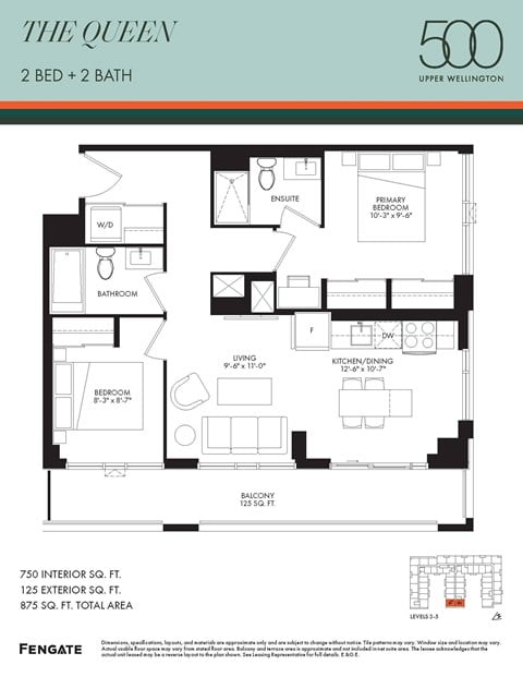 Floor plan for 2 beds, 2 baths, 750 sqft